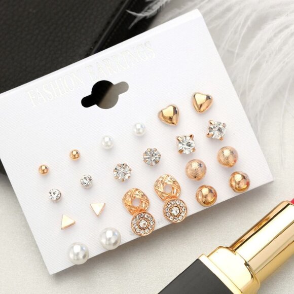 🔥12 Pair 14K Gold Silver Simple Classic Crystal Pearl Spark Stud Earrings, F273 - Picture 6 of 9